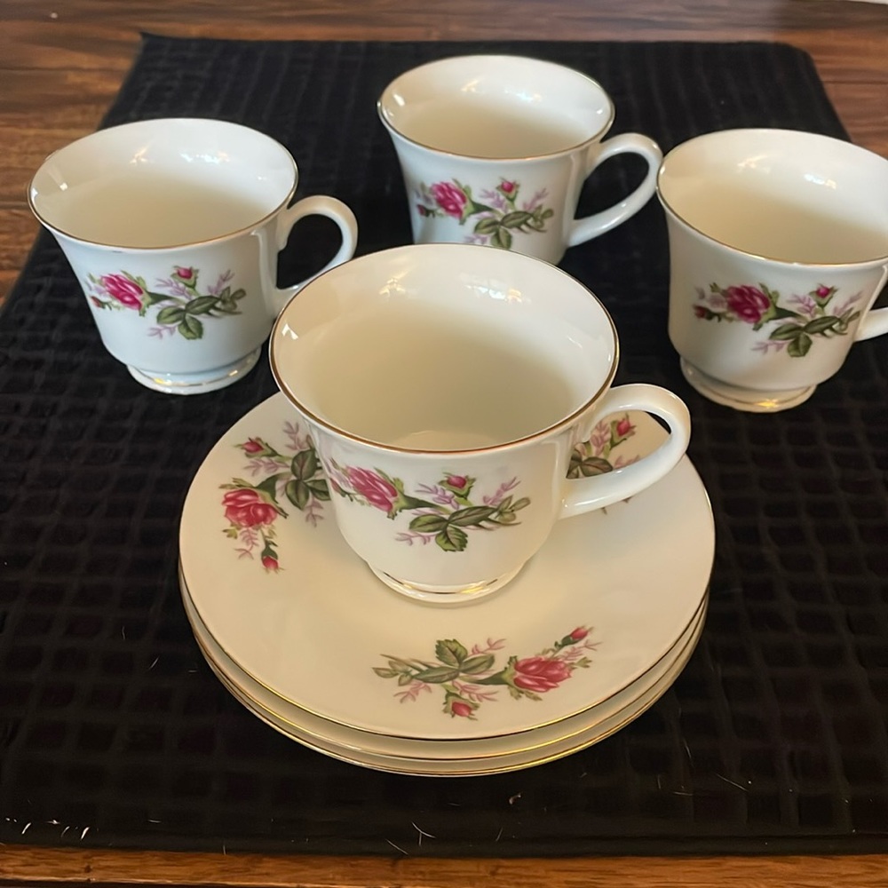 Tea set. White with pink roses. 4 cups 3 Saucers.